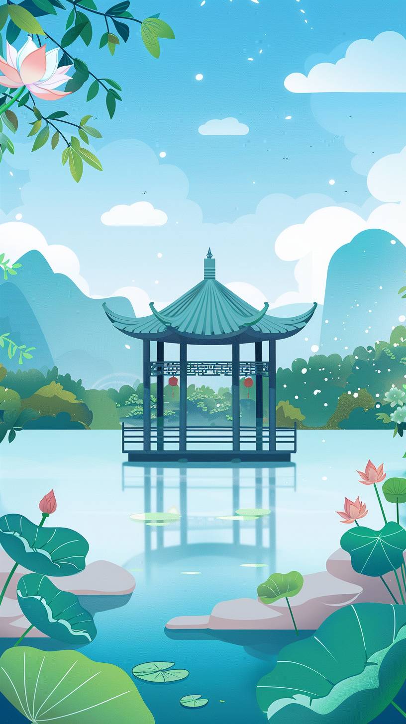 Flat illustration, spring scenery, pavilion by the lake, blue sky and white clouds, light green mountains in the distance, lotus leaves on top of the gazebo, vector line style, simple color blocks, children's picture book illustrations, colorful cartoon characters, high definition details, 48k HD quality, high resolution.