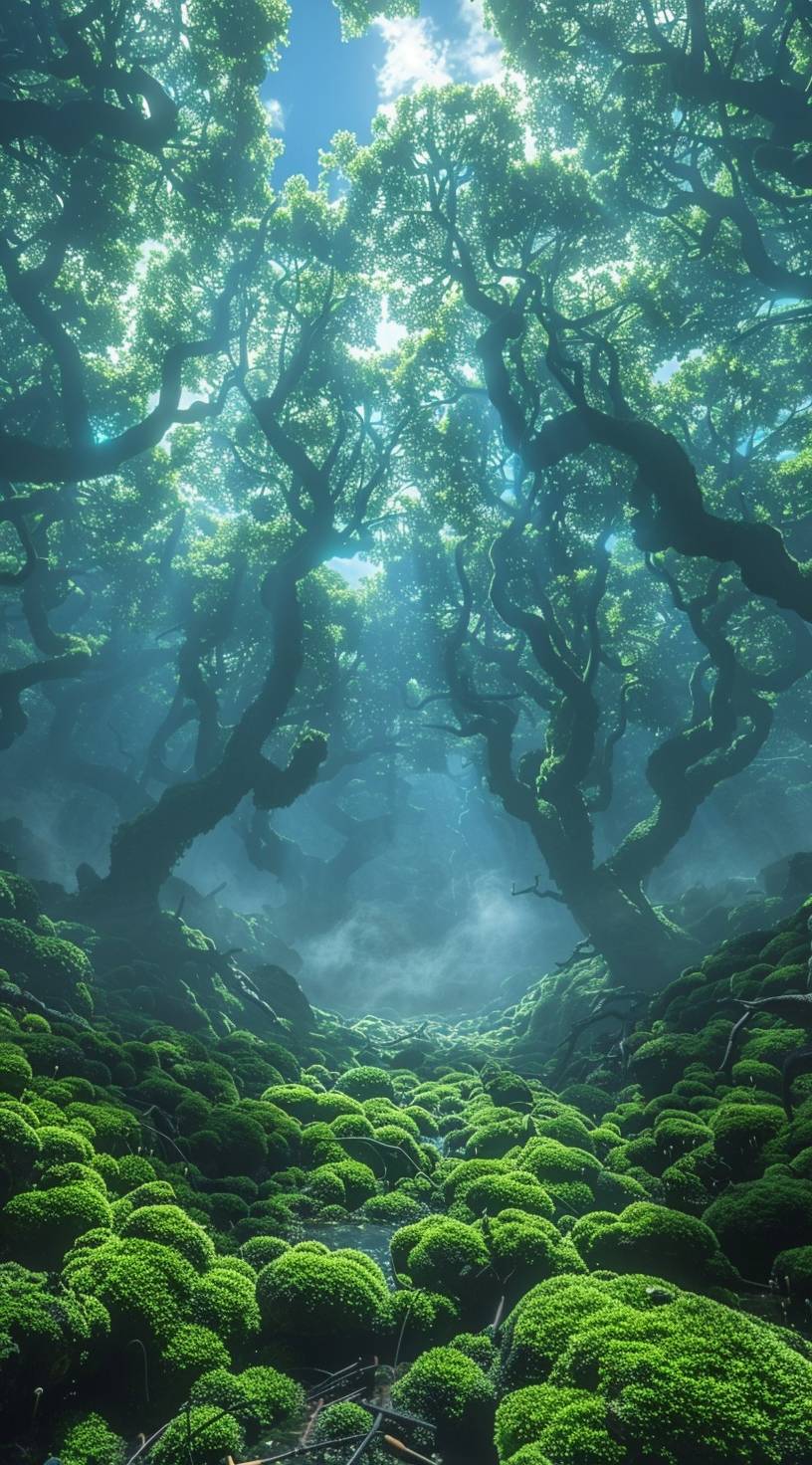 A mysterious space in a deep, humus, quiet forest with moss-covered fallen trees, bright style, adventure vibe, dust, mycelium and puddles, anime style, key visual, sky