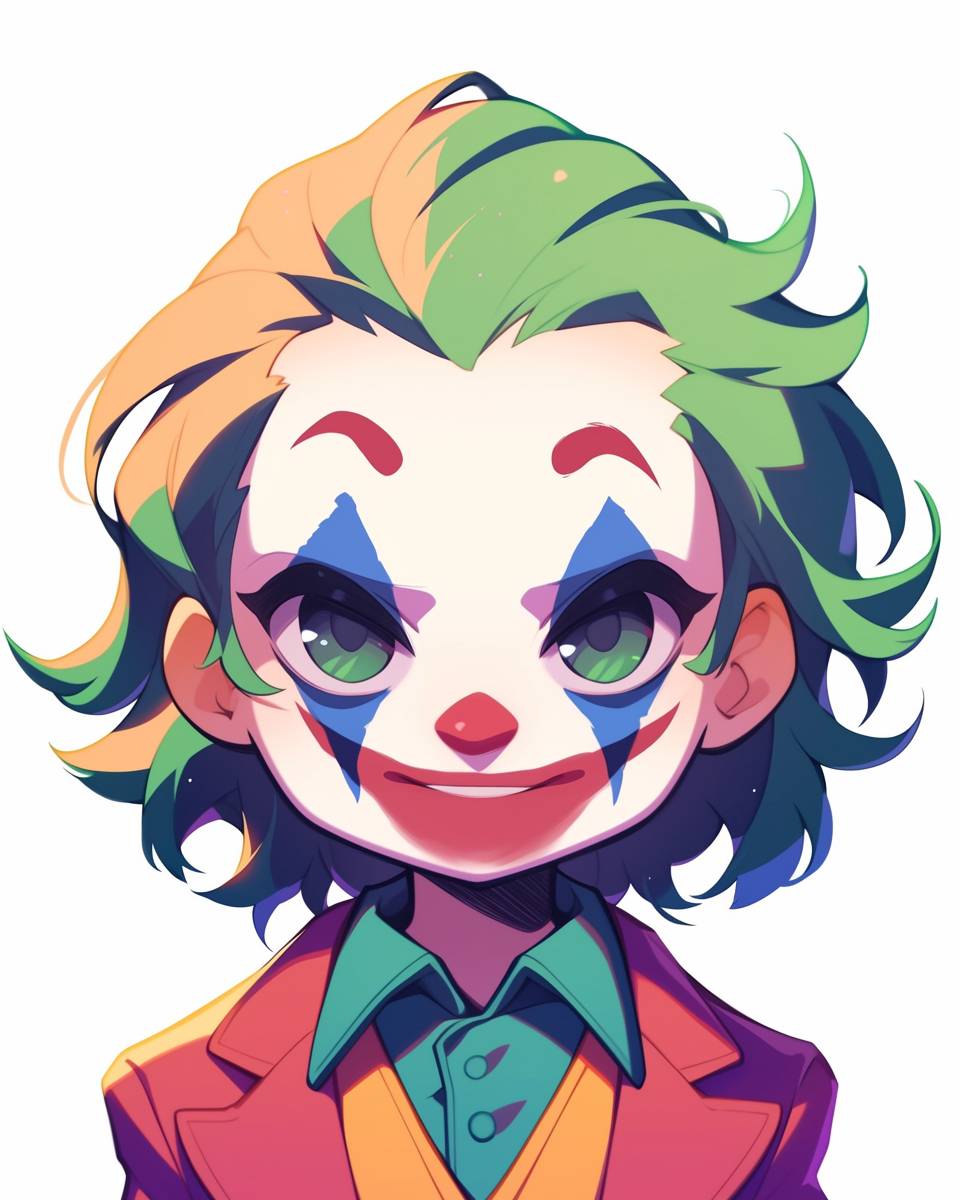 Close-up happy The Joker Chibi anime cute character portrait with exaggerated proportions, large head, small body, simple facial features