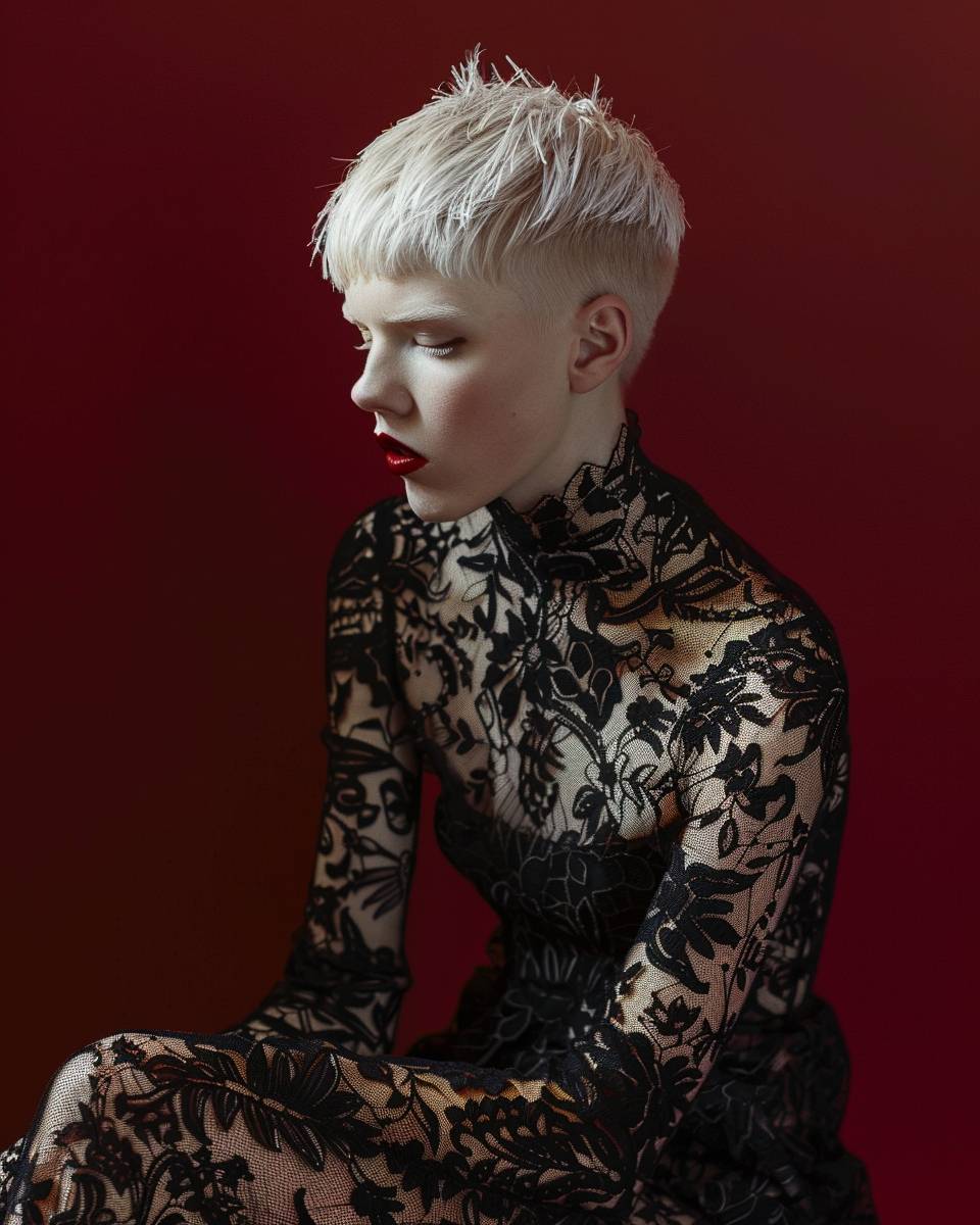 A seated portrait of a model with short, platinum blonde hair, wearing an intricate, lace outfit. The background is a deep red, and the lighting is soft yet high-contrast, highlighting the details of the lace and the model's sharp features. The overall aesthetic is elegant and avant-garde.