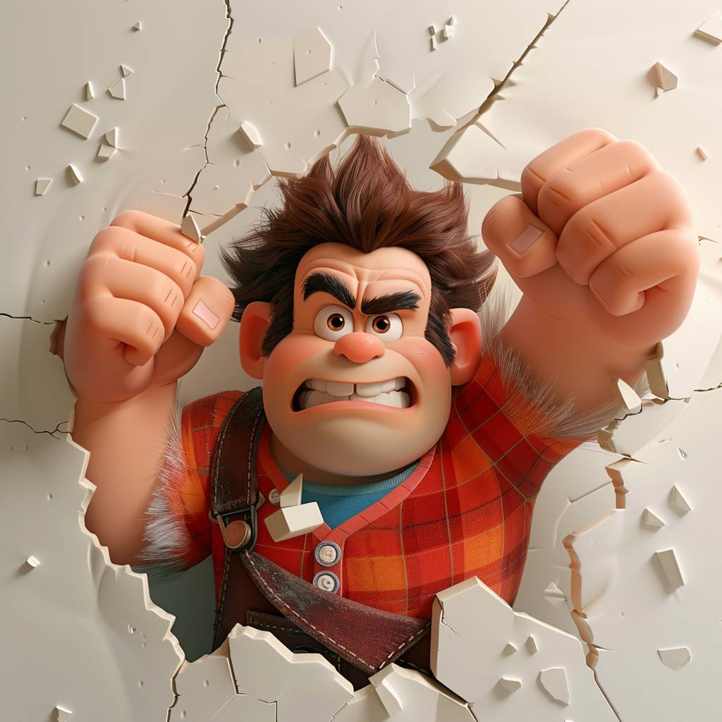 front view, closeup shot of wreck-it-Ralph breaking through the white wall, looking directly into the camera, with closed fist, funny face expression, hyper realistic --v 6.0