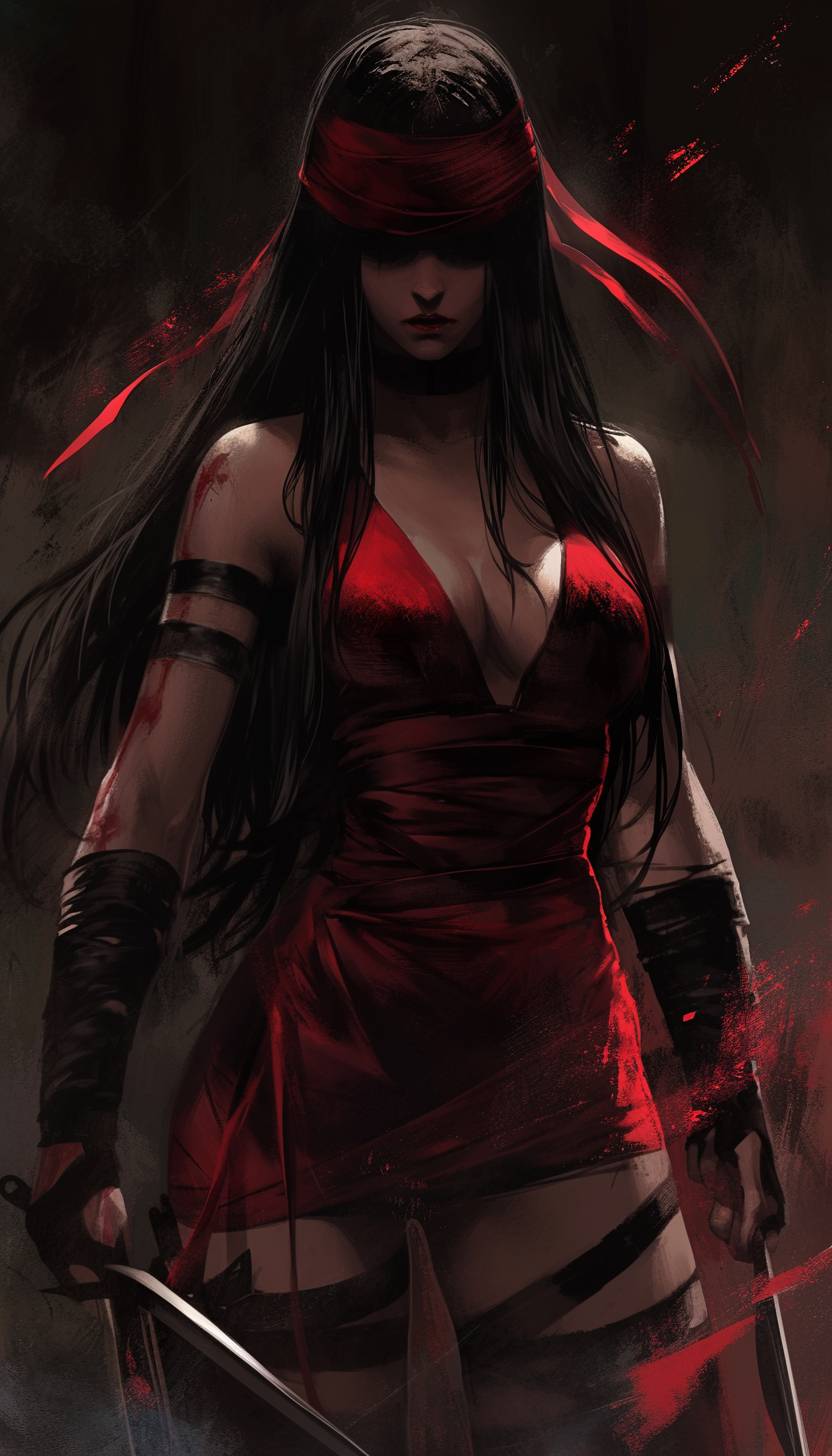 Elektra from DC Comics, chiaroscuro, high contrast, strong shadows, dramatic light, deep blacks, bright highlights, mystery