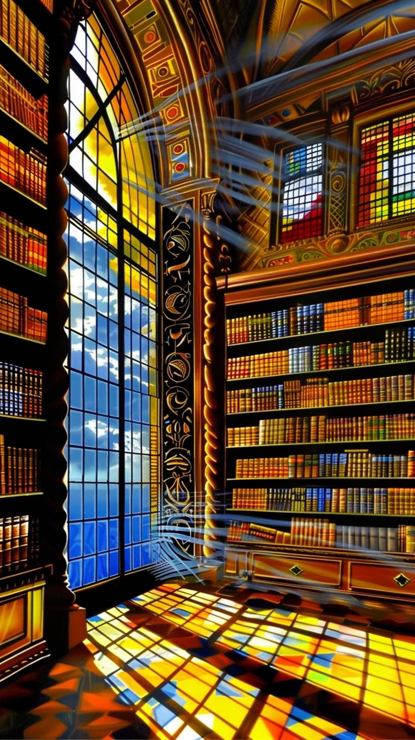 古い本でいっぱいの背の高い本棚がある歴史的な図書館。ステンドグラスの窓から日光が差し込み、空間の美しさが照らされています。建築写真のスタイルで。