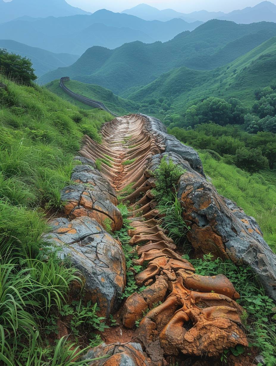 In the green mountains, there is an ancient giant whale skeleton fossil road in the grasslands near China's Song Dynasty Great Wall, with a long curved snake body lying on top and one half standing up. Photorealistic photos taken from a long distance with a super wide angle lens provide high definition photography of the skeleton in the style of the Song Dynasty period.