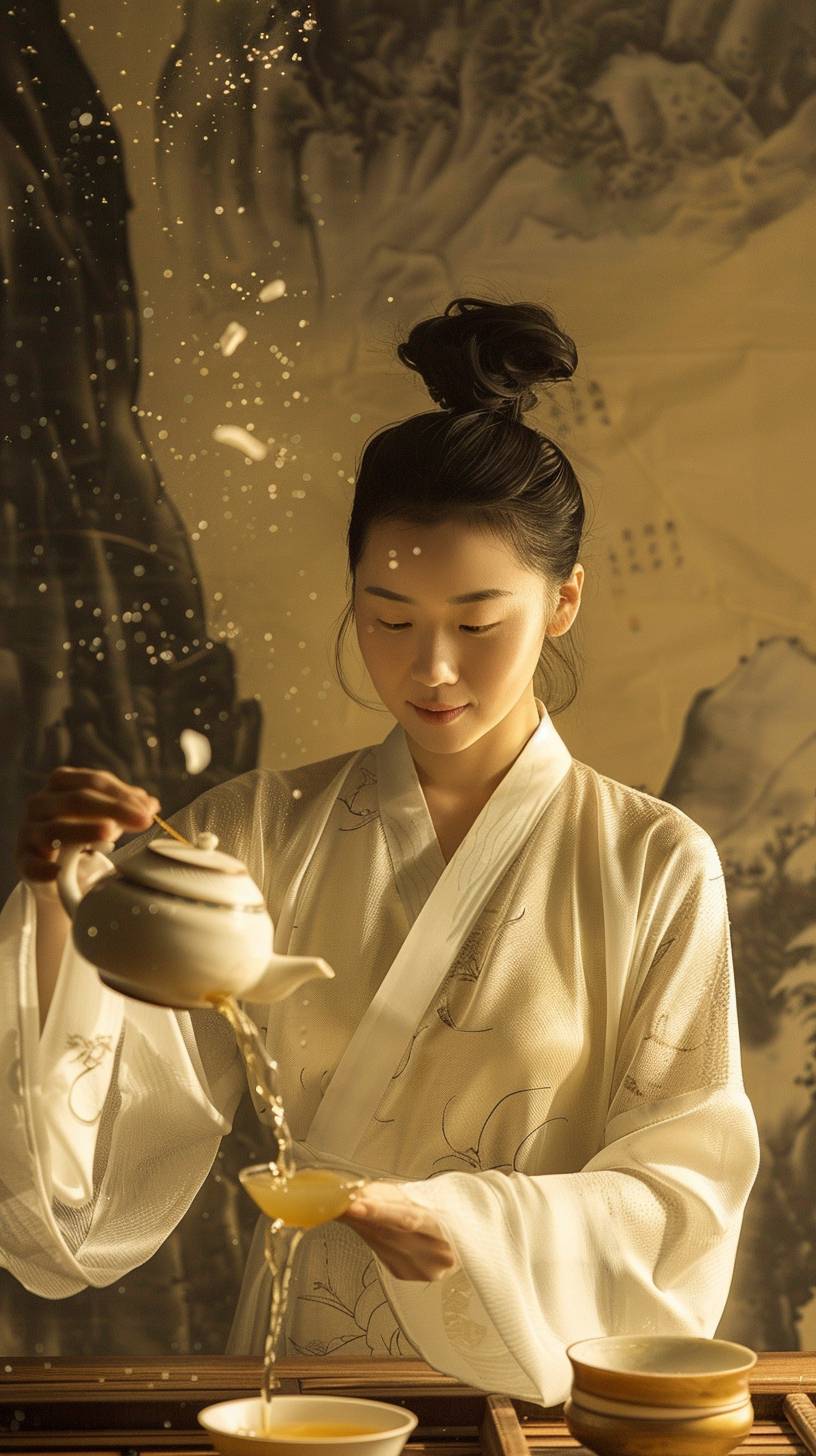 A beautiful Chinese tea ceremony master demonstrates the art of brewing tea with telekinetic abilities in slow motion, controlling the flow of tea water and the flying of tea leaves. Featuring a moonrise, Zen minimalism, realistic lighting, minimalist tones, post-minimalist composition, a distant view, wide perspective, symmetrical composition, a wide angle, composite wave, ultra-high detail, high quality.