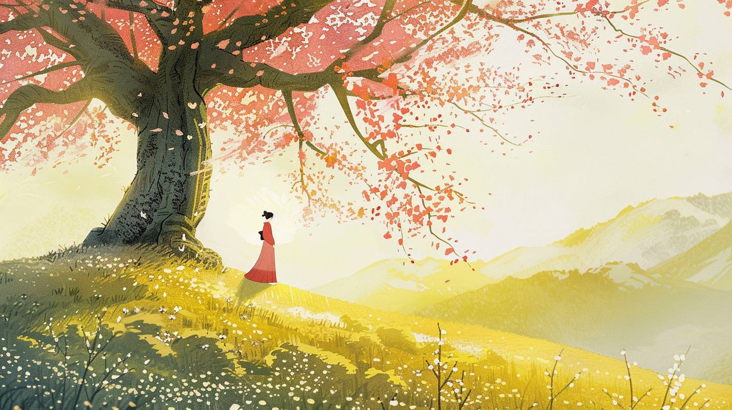Hand-drawn Japanese animation keyframe, timesheet, a fair maiden under a cherry tree, rolling hills, sunshine, negative space, sakuga animation cel --ar 16:9 --style raw --stylize 50 --v 6.0