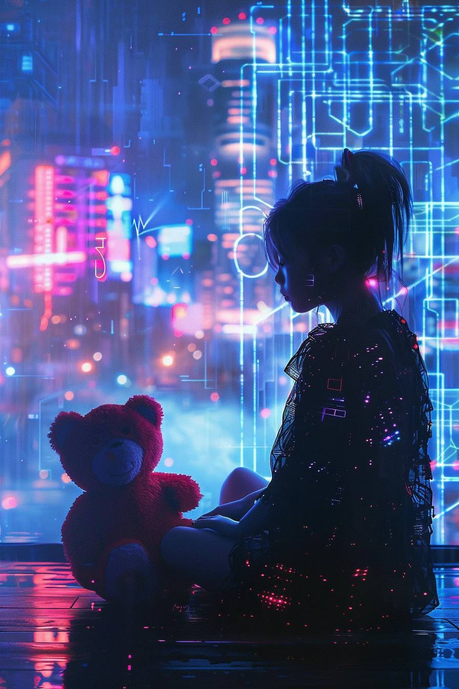 A breathtaking young woman, her silhouette striking against the backdrop of a neon-drenched skyline, gazes out with eyes that shimmer with artificial intelligence. She clutches a tattered teddy bear, its stuffing replaced with circuits and LEDs, a poignant reminder of lost innocence. Before her stands a portal of fractured virtual reality shards, each reflecting a different facet of her identity, as she teeters on the edge of two worlds, both real and digital.