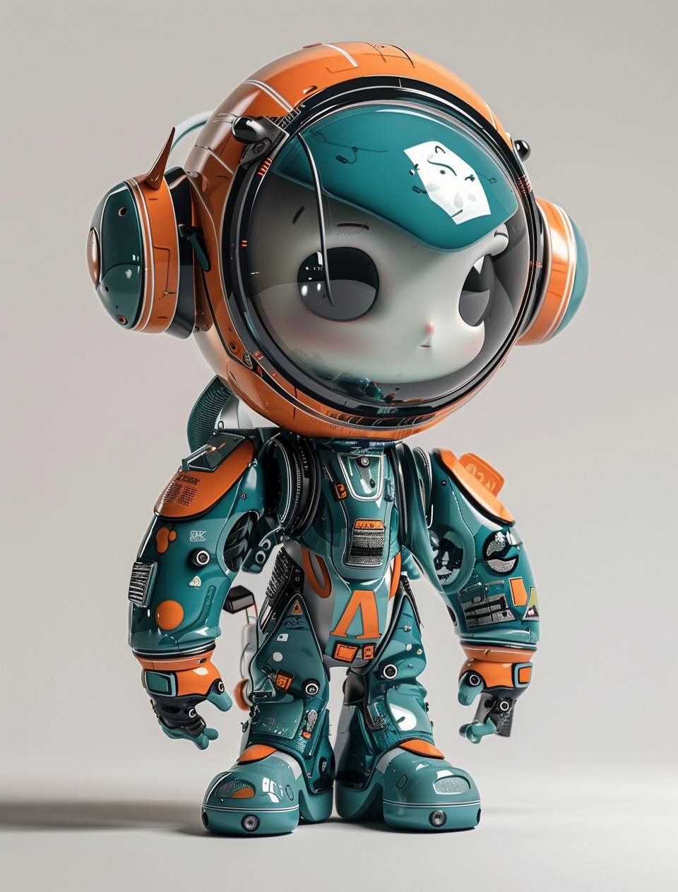 Model of an anime character wearing a helmet, in the style of Kenny Scharf, graphic design-inspired illustrations, utilitarian objects, 32K UHD, Luca Giordano, Alan Bean, green and blue