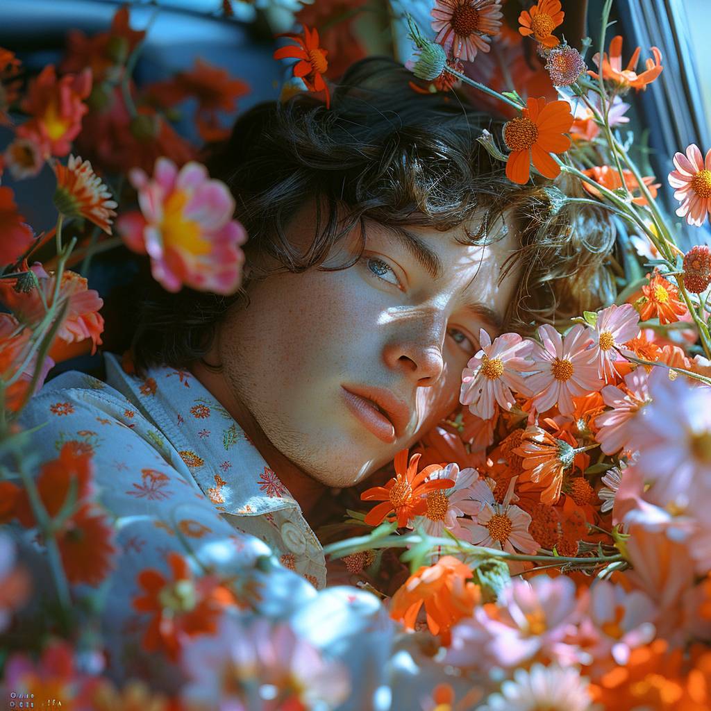 18歳のハンサムな男性モデルが車に座って微笑む。 その周りには花があり、Rinko Kawauchiのアートは自然主義的なポーズ、低い角度、若々しいエネルギー、ボディエクステンション、アナログフィルム、超詳細、夢見るようなlofi写真、カラフル、立体的な照明、コダクロームで撮影され、フジフイルムXT4で撮影され、細部豊富な8K AR 3:4--s 750--v 6.0です