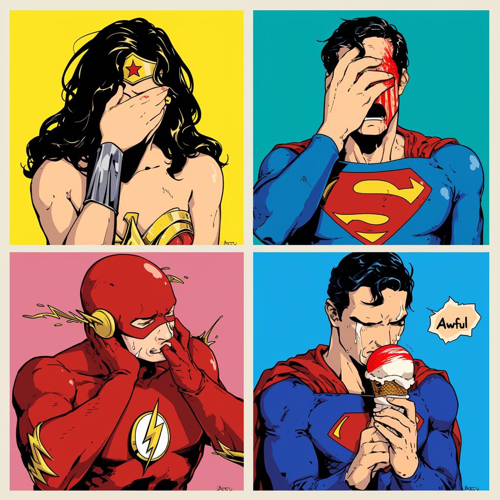 A series of four pop art posters featuring iconic superheroes in various emotional states and the text 'Awful', including Wonder Woman with her hand covering her face, Captain America's face covered in red paint splattered across his helmet, The Flash crying with an ice cream cone, Superman crying bitterly, all set against contrasting backgrounds that highlight their expressions and symbols. This composition captures different emotions while maintaining a comic book style.