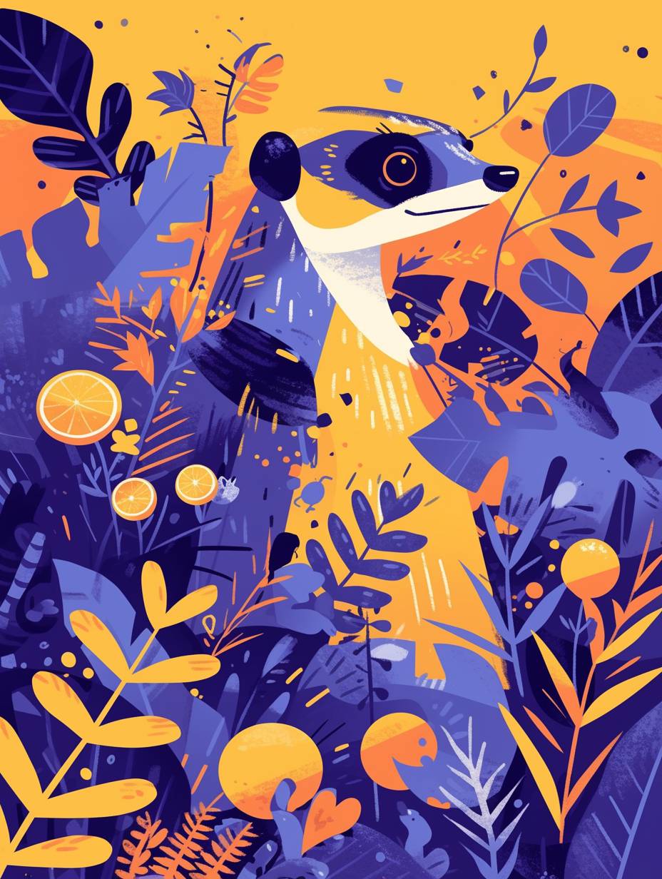 Malika Favreのイラストレーターのスタイルで、青とオレンジ色のミーアキャット、豊富なディテール、全身がレモンと植物で覆われ、大胆な形状とシンプルなベクトルアートスタイル、簡潔でクリーンな構図、紫色の背景、hd 8k