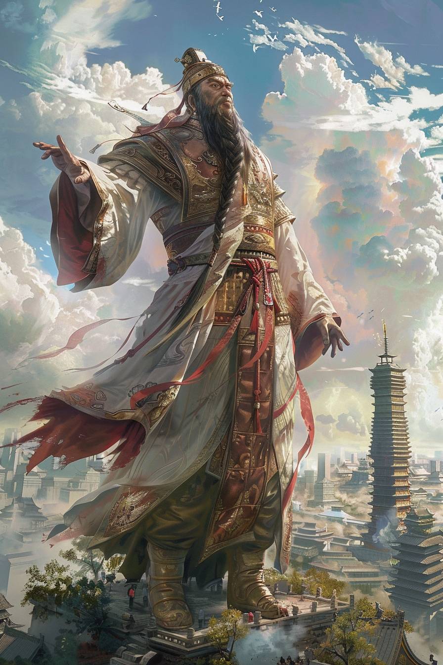Qin Shihuang stood on the skyscraper, void illusions, time stops, ultra-realistic illustration