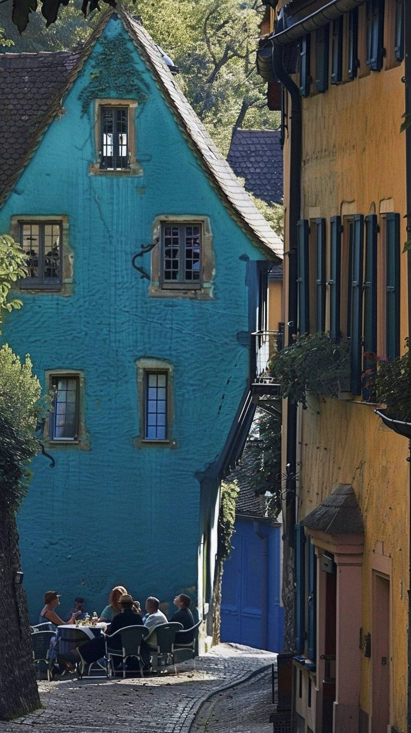 A charming European village with cobblestone streets and colorful houses. People are sitting at outdoor cafes, enjoying a sunny day. In the style of a travel postcard.