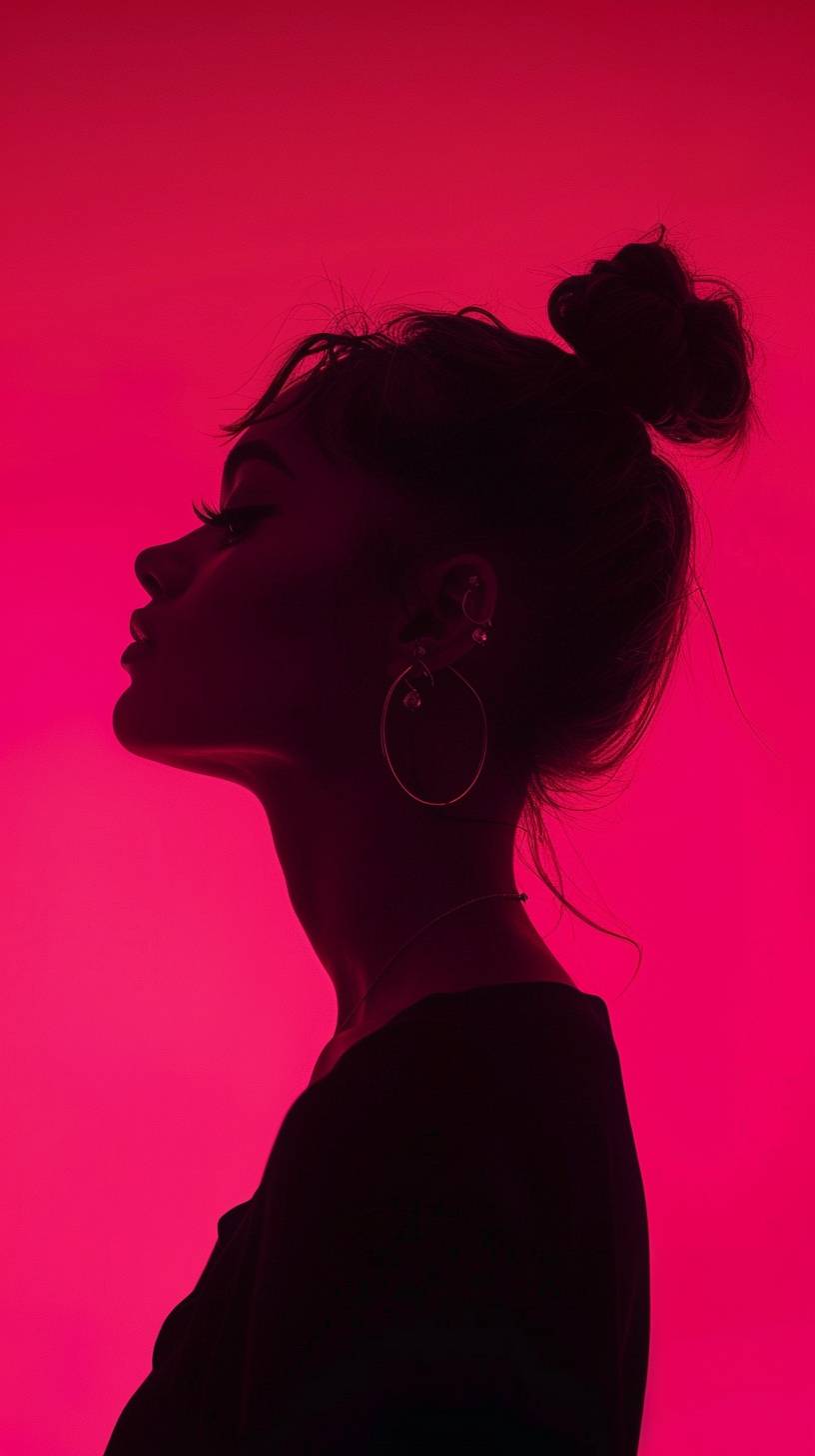 Photography, portrait of contrast, profile silhouette of a woman, vibrant hot pink backdrop, visualize using a camera setup that mimics a large aperture, focusing solely on the silhouette's edge, while a low ISO maintains the richness of color without grain, photorealistic, UHD