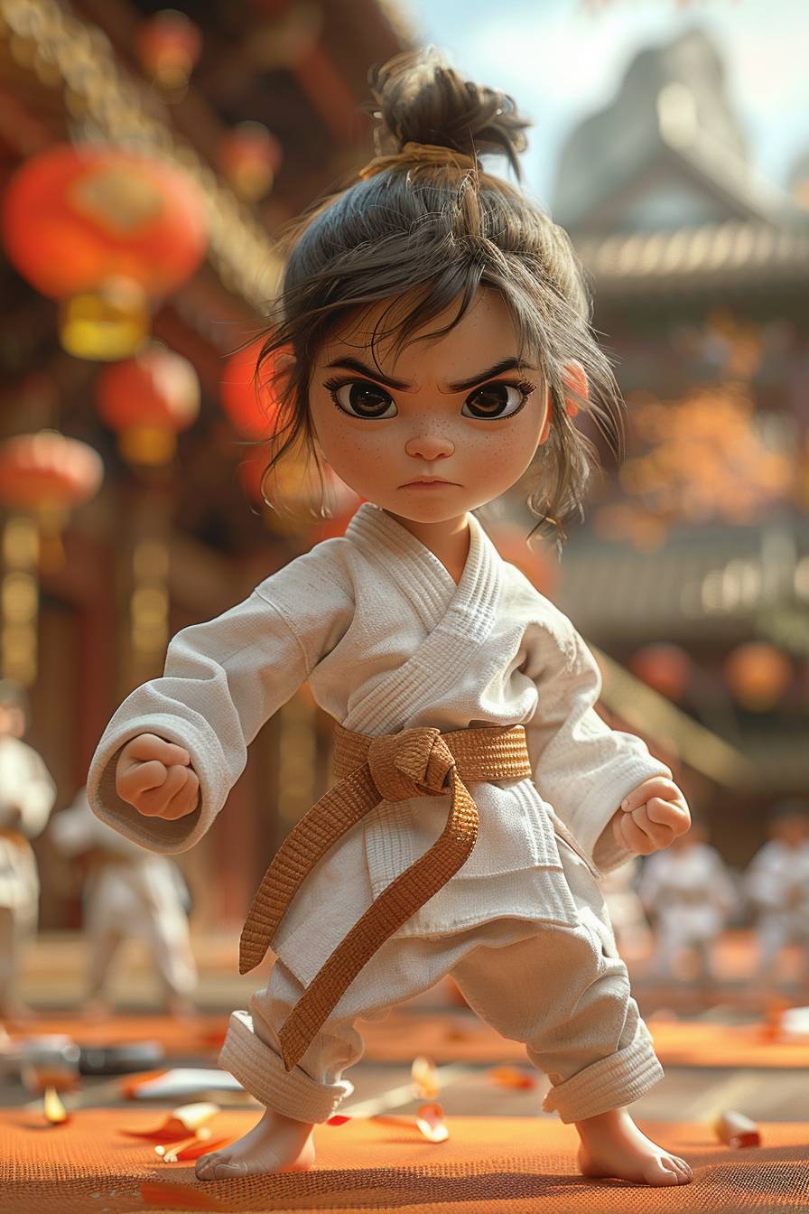 Full body, fluffy, barefoot, colorful, high details, A serious Asian baby girl is practicing Karate with a standard posture. The scene is captured with a wide-angle lens in a Dojo. It is a Full-Length Shot in third-person perspective, front view. Sung Kim, dark brown, movie lights, Kevin Hill, George Lucas