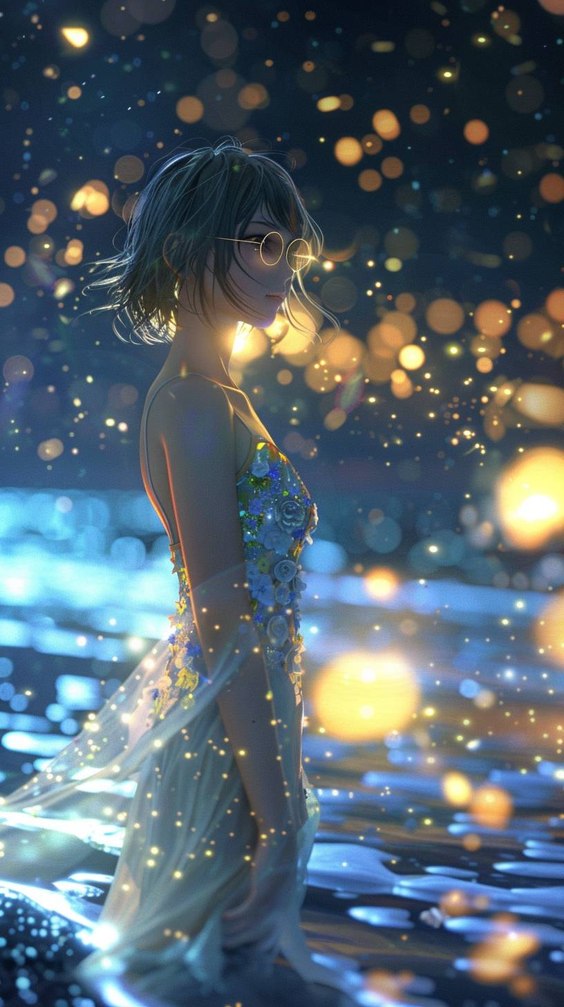 A mesmerizing 3D anime render of a fashionable girl standing on a serene night beach. The gentle waves caress the shoreline as they reflect the moonlit sky. She is dressed in a semi-transparent white sundress, adorned with delicate blue and yellow flower patterns. She wears thin-framed glasses that blend fashion and technology, and her captivating eyes reflect the soft glow of the surrounding environment. The dreamy bokeh effect in the background creates a depth blur, enhancing the atmospheric quality of the scene. This enchanting image seamlessly combines elements of fashion, anime, and portrait photography to create a visually stunning and captivating work of art. The cinematic feel and vibrant colors make this a truly captivating scene.