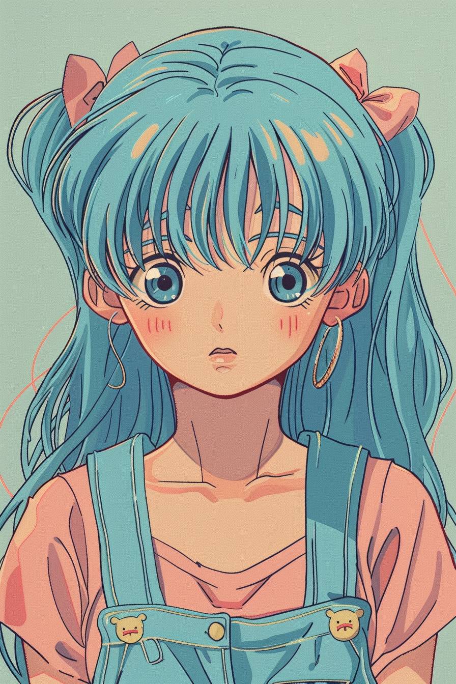 Rumiko Takahashi, in the style of Inuyasha animation, big eyes, blue hair with bangs and twintails, wearing a pastel colored outfit, in a 90's anime style.