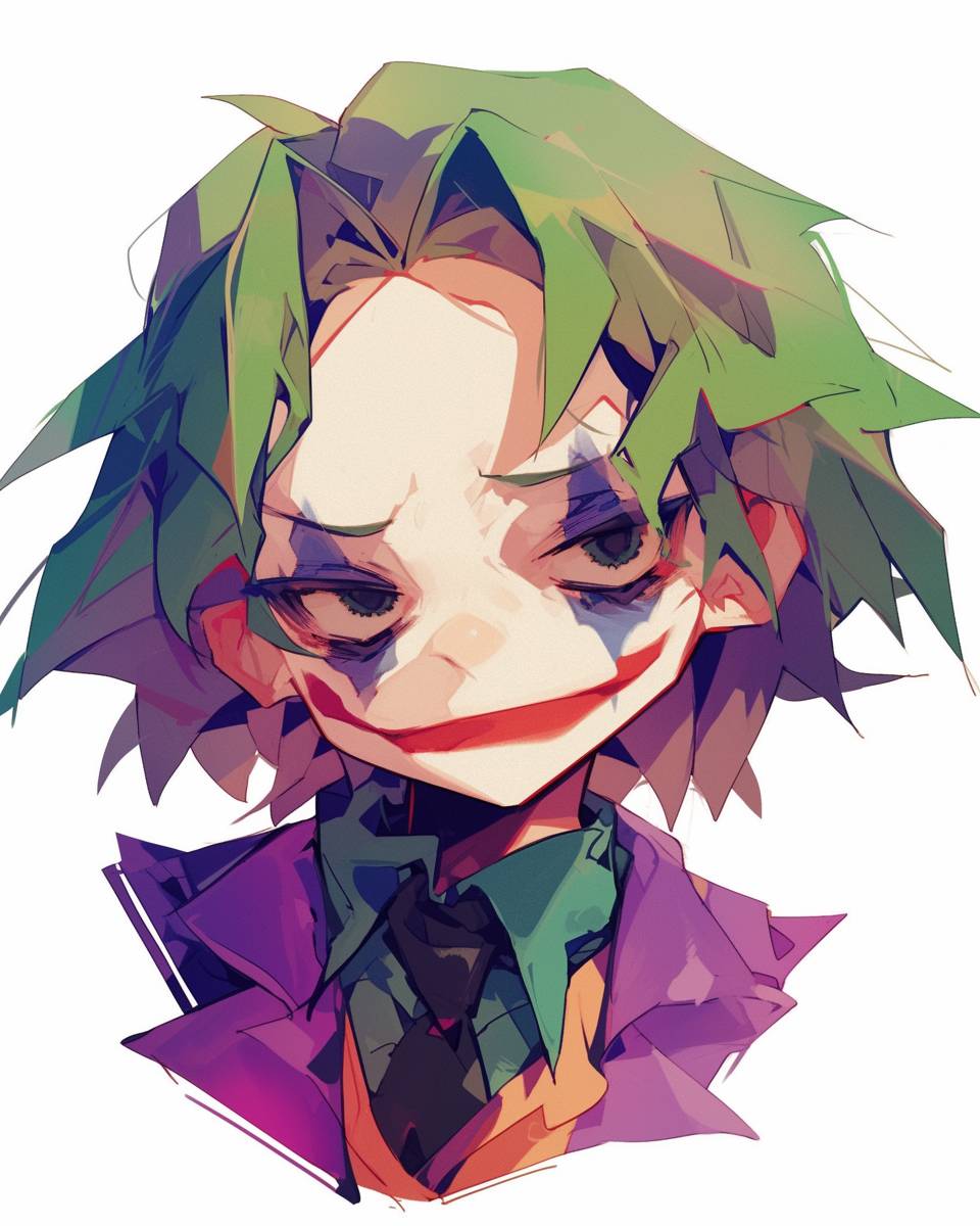 Close-up happy The Joker Chibi anime cute character portrait with exaggerated proportions, large head, small body, simple facial features