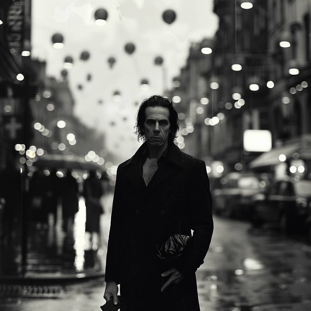 A minimalist composition photograph depicting Nick Cave on a London street.