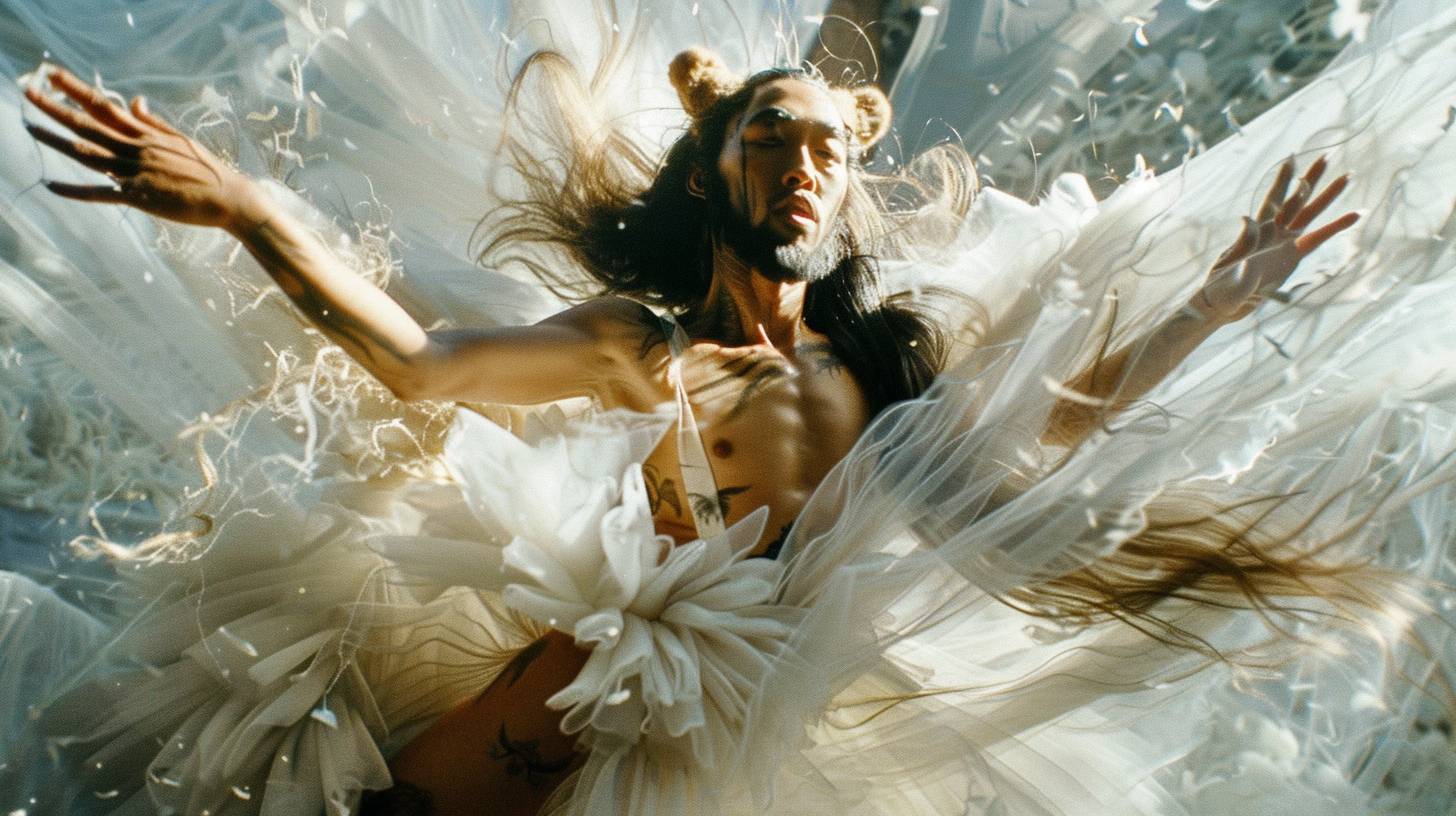 In a photo studio, a hairy, bearded, 150kg fat ballet dancer in a gargoyle costume performs a scene from Swan Lake. The dancer strikes a graceful pose, with dramatic studio lighting highlighting the scene. The background features typical photo studio elements like softboxes and backdrops. In the style of Helmut Newton, this piece includes surrealistic white cotton candy clouds and a close-up pinkish Shiba Inu balloon. This psychedelic art is from the collection of Tony Robert, in the style of Shiny Eyes, Patrick Woodroffe, Philippe Caza, psychedelic artwork, digital airbrushing, detailed facial features, vibrant color gradients, schizowave, and sakuga animation cel.
