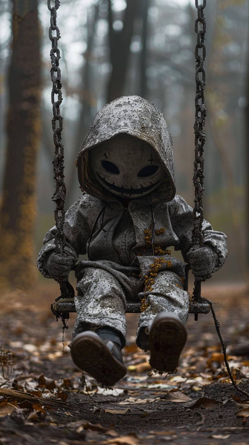 A photo of a child ghost with a creepy smile sitting on a swing in a decayed park, captured with a photo-realistic style using Sony Alpha 7R IV and FE 135mm F1.8 GM lens. The aspect ratio is 9:16, stylized with 750, and aperture at 6.0.