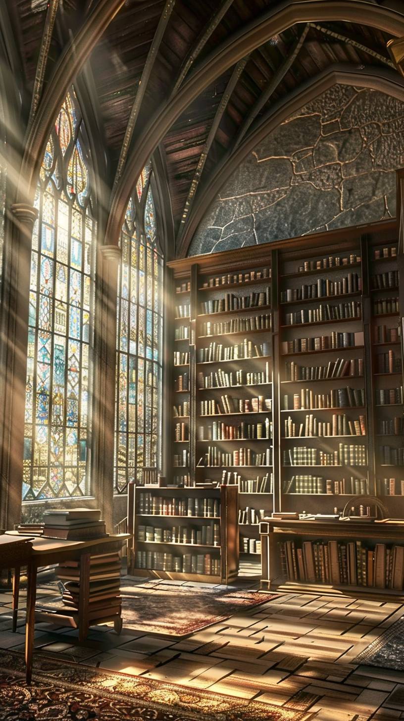 古い本で満たされた背の高い本棚のある歴史的な図書館。ステンドグラスの窓から差し込む日光が、空間の美しさを照らしています。James Gillrayによる建築写真のスタイルで。