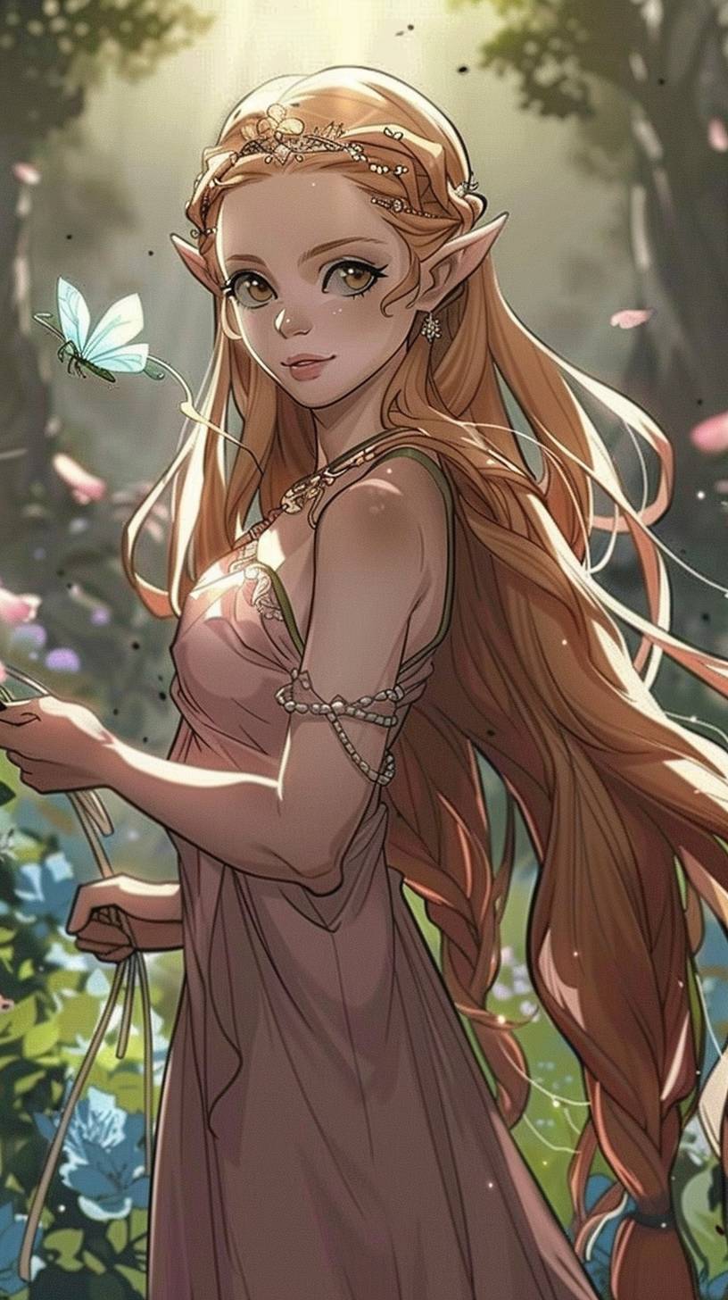 長く流れる金髪の少女が、ピンクのプリンセスドレスを着て王冠を頭につけています。彼女は鮮やかな花と蝶々が飛び交う美しい庭に立っています。太陽が明るく輝いており、ほっぺたや明るい笑顔に温かな輝きを投げかけています。彼女の目には驚きと無垢が宿っており、繊細な蝶に触れようとしています。スタイルは幻想的で魅惑的であり、絵本の挿絵のような柔らかいパステルカラーと夢見るようなディテールが特徴です。