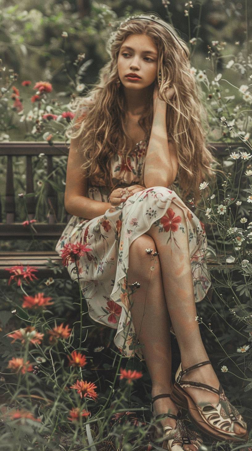 A young woman with long flowing hair, dressed in a floral summer dress and sandals, sitting on a park bench surrounded by blooming flowers.