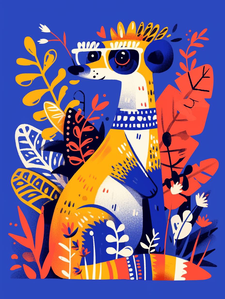 A blue and orange Meerkat in the style of illustrator Malika Favre, rich in details, covered with lemons and plants throughout the body, with bold shapes and a simple vector art style, concise and clean composition, against a purple background, hd 8k