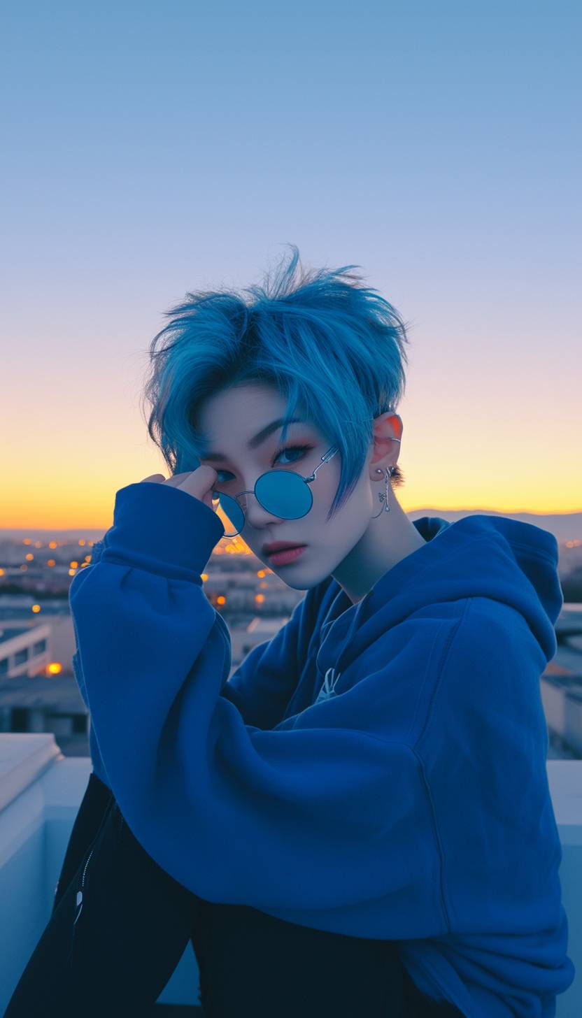 A photo of a blue-haired Instagram model wearing a blue hoodie. She is strong and wearing blue sunglasses. She is on a rooftop during the blue hour, with short hair.