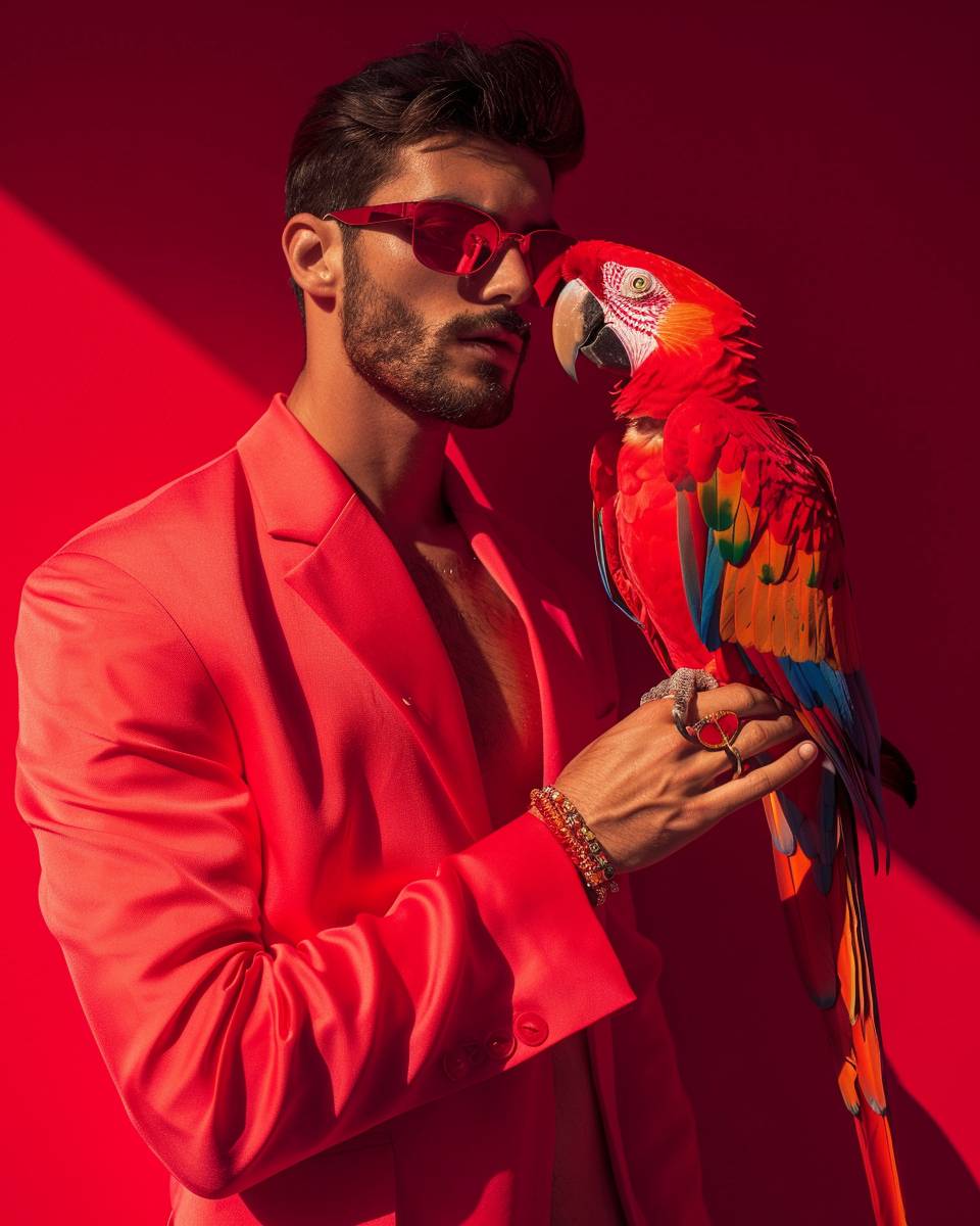 A man in neon crimson clothing and accessories holding a neon crimson parrot on a crimson background, natural light, fashion magazine cover style