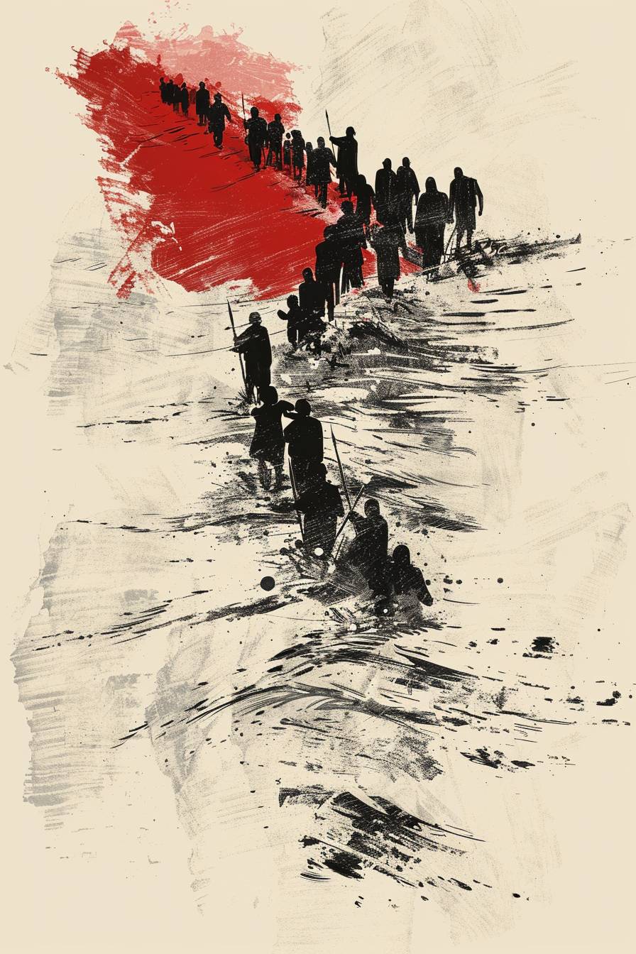 Hand drawn sketch of Moses dividing the Red Sea, and the Israelites beginning to cross over on dry land during their Exodus from Egypt. Elegant digital art print depicting the epic Biblical tale of Moses and the parting of the Red Sea, a classic moment in the Exodus story. The print is done in a modern, minimalist style with beige, black and white tones, capturing the power and grace of God.