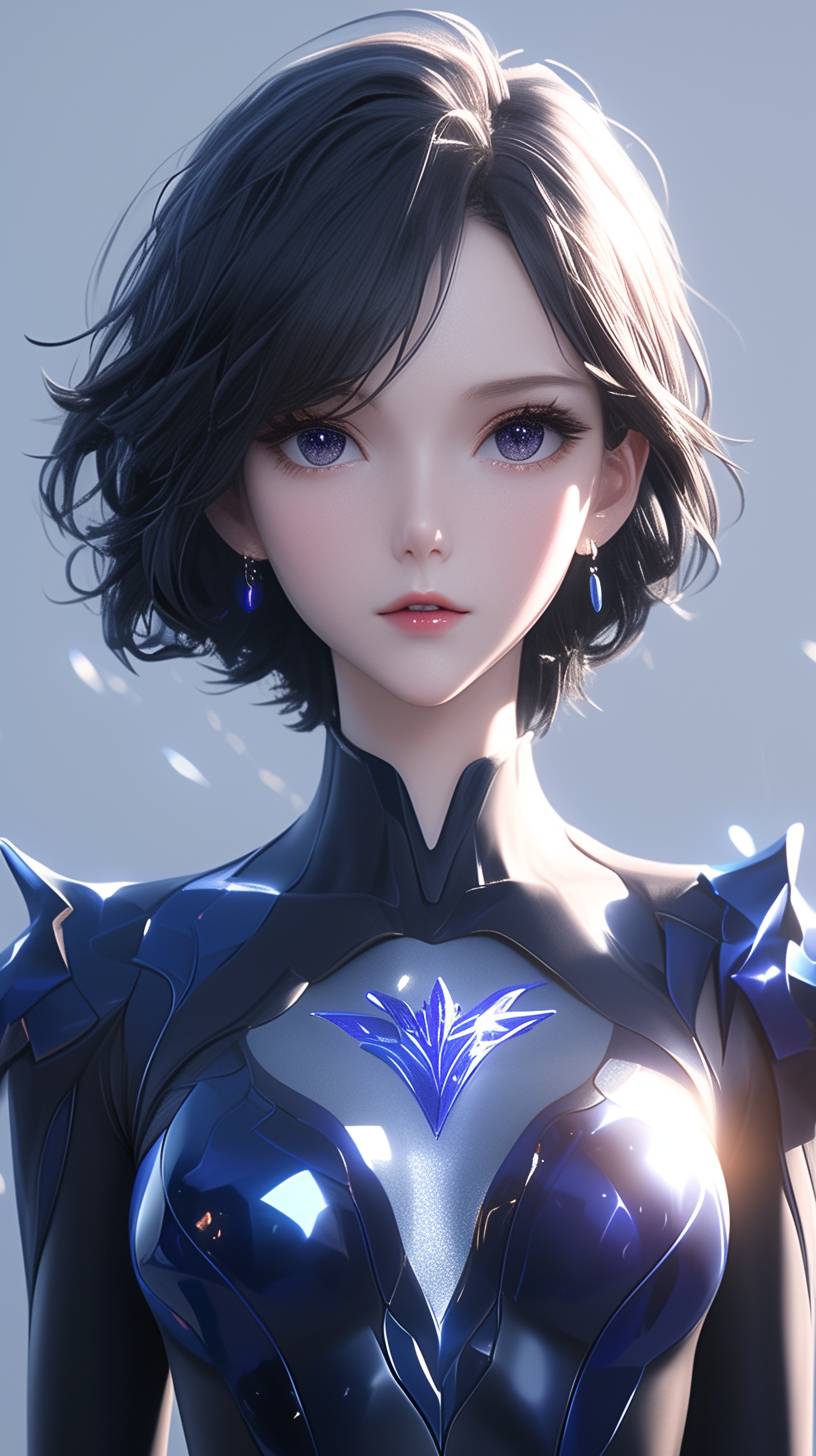 Front view, beautiful and cool 20-year-old girl wearing super fashionable iridescent blue and golden suit, midrange portrait, heart to heart movements, bright and simple surreal background, surreal character, fair face, author: Hajime Sorayama, Tetsuo Hara, Yuki Kamei, Makoto Shinkai, Studio Ghibli, Nikon D850, 32K