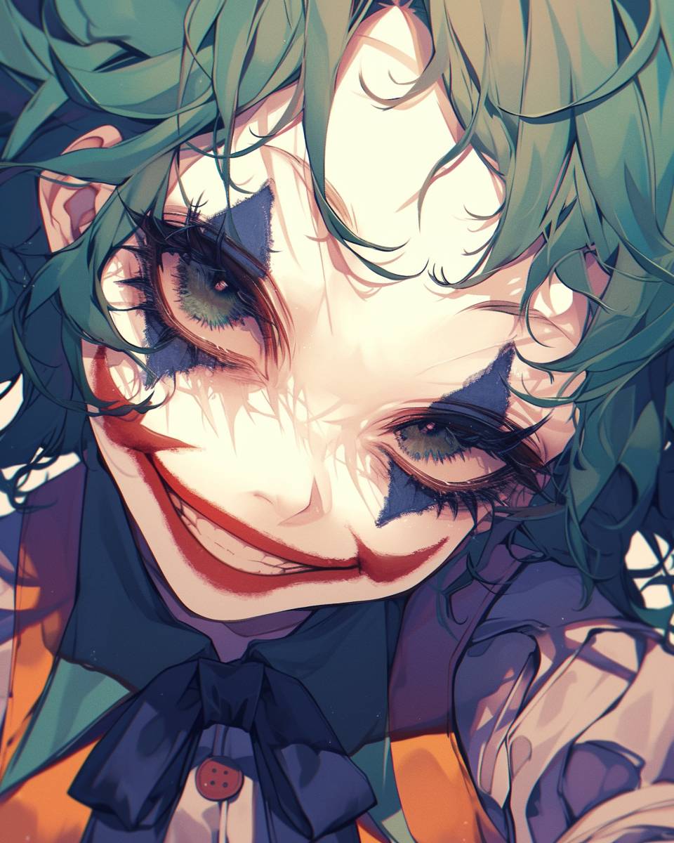 Close-up happy The Joker Chibi anime cute character portrait with exaggerated proportions, large head, small body, simple facial features