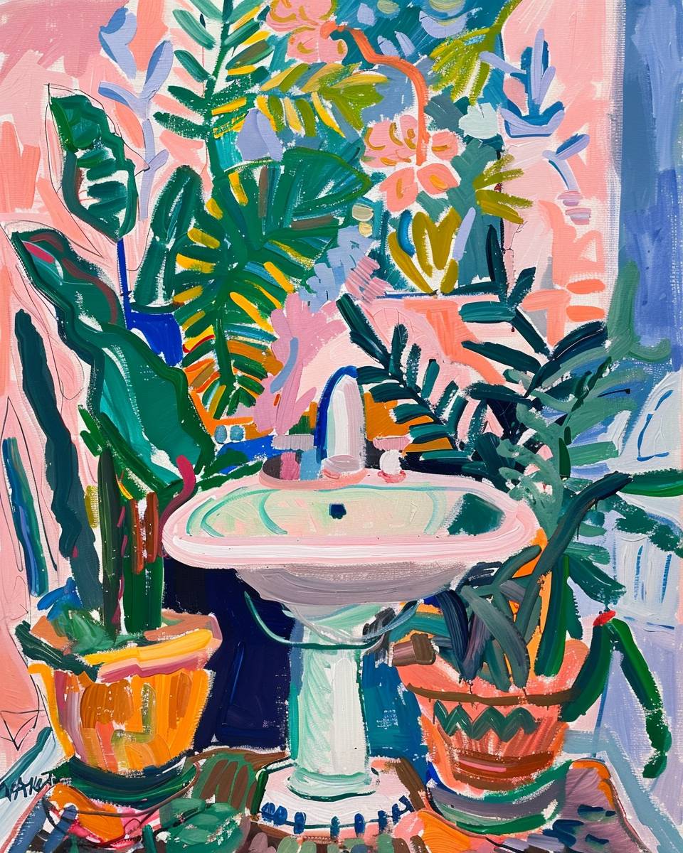 Matisse inspired painting, plants and flowers growing from a round pedestal bathroom sink, leaves, plants, pink preppy colors