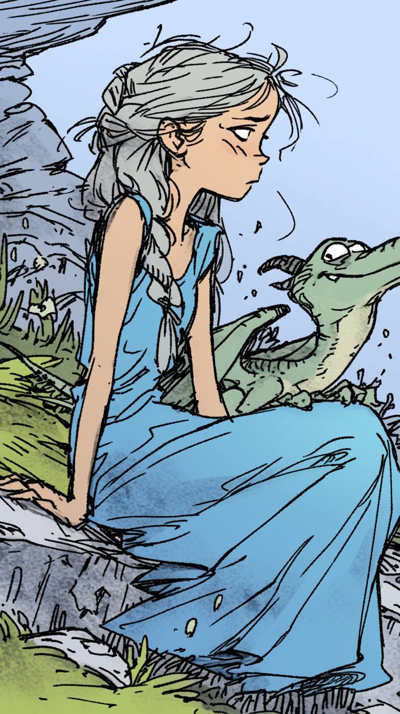 A young woman with long silver hair and a determined expression, seated beside a small dragon with large, expressive eyes. The woman wears a flowing blue dress while the dragon is a vibrant shade of green. The background is minimally detailed, with a few scattered rocks and tufts of grass. The style is simple and minimalistic, reminiscent of Allie Brosh's work, characterized by simple lines, flat colors, and a raw, unpolished feel. The aspect ratio is 9:16, and the overall tone is raw and unrefined, capturing a sense of simplicity and emotion.