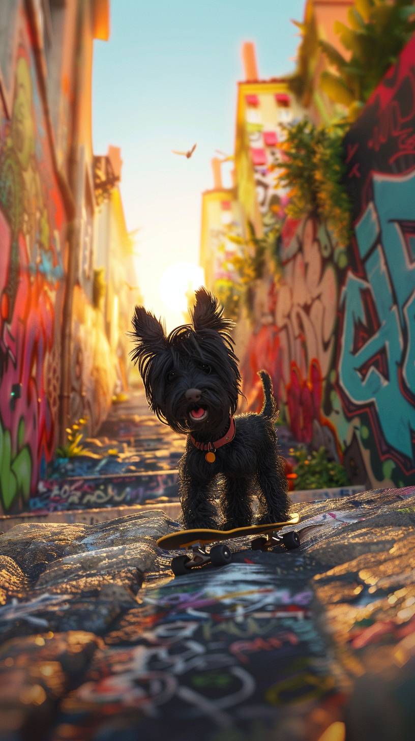 都市の坂道を滑るアニメーションされた黒いScottie犬、背景は落書きの壁と日が沈む夕景。冒険と楽しさを感じさせるイメージです。