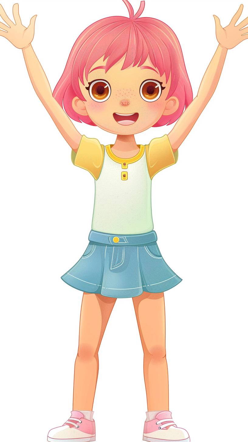 The pretty girl is 3 years old, with short pink hair, brown eyes, standing with both arms raised, a full-body picture, white background, cartoon style