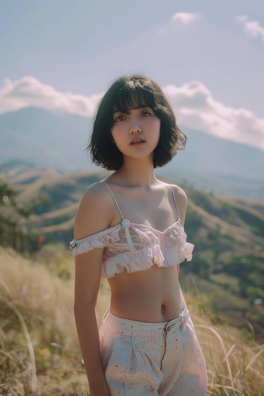 Beautiful girl standing with a beautiful valley in the background, age 20, black short hair, waist shot, dynamic pose, smiling, dressed in fashion outfit, beautiful eyes, sweet makeup, 35mm lens, beautiful lighting, photorealistic, soft focus, Kodak Portra 800, 8K
