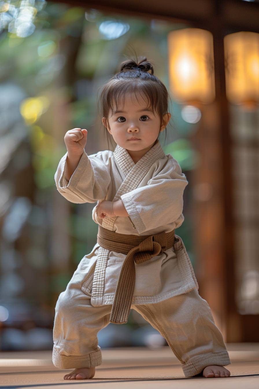 Full body, fluffy, barefoot, colorful, high details, A serious Asian baby girl is practicing Karate with a standard posture. The scene is captured with a wide-angle lens in a Dojo. It is a Full-Length Shot in third-person perspective, front view. Sung Kim, dark brown, movie lights, Kevin Hill, George Lucas