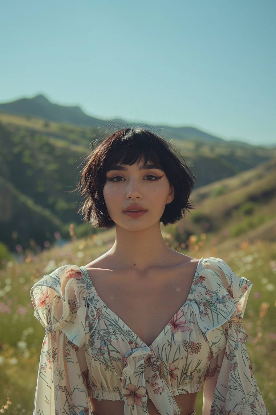 Beautiful girl standing with a beautiful valley in the background, age 20, black short hair, waist shot, dynamic pose, smiling, dressed in fashion outfit, beautiful eyes, sweet makeup, 35mm lens, beautiful lighting, photorealistic, soft focus, Kodak Portra 800, 8K