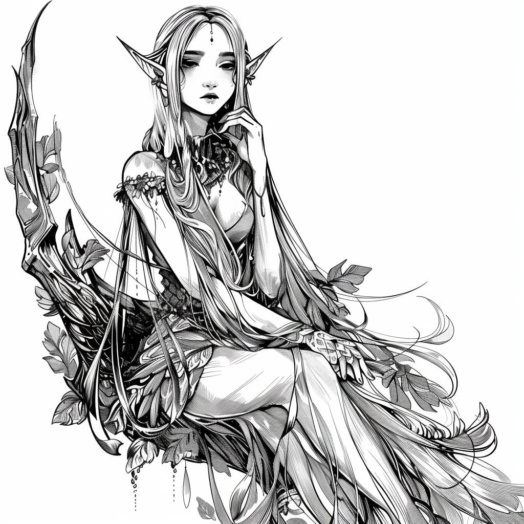 Black and white digital pen illustration of an ethereal elf, with long silver hair, wearing a flowing dress with leaf motifs, sitting on top of her bow with one hand resting on its curve, she has serene eyes, delicate facial features, pointed ears, wearing a circlet and earrings, high contrast, high detail, with inked outlines only, no shading, clean lines, isolated against a pure white background.