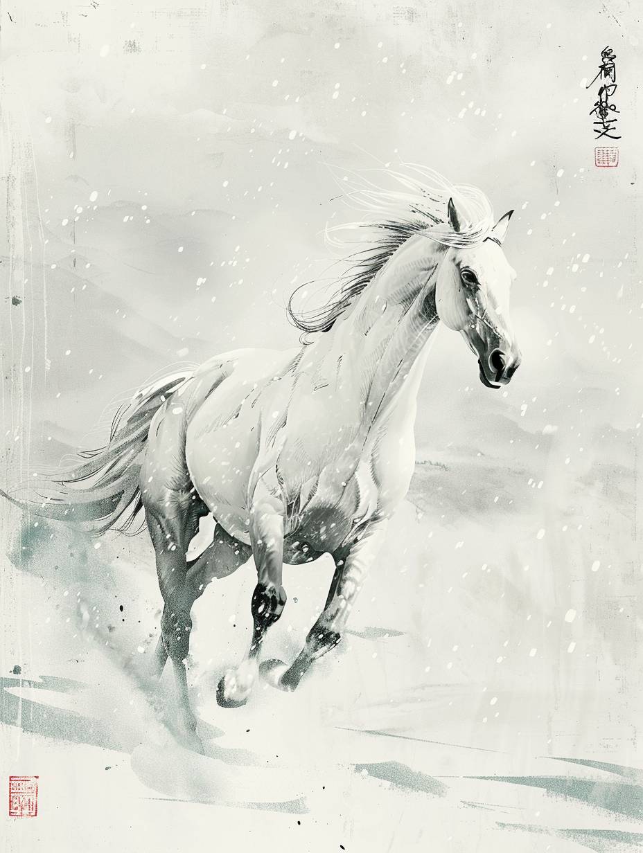 White background, Chinese color ink style, white horse running in the wind and snow, ice blue snow, facing the audience, simple drawing depicting fantasy elements, exaggerated perspective composition, minimalist lines, creating a unique flavor of ancient China. There are Chinese poems and red seals.