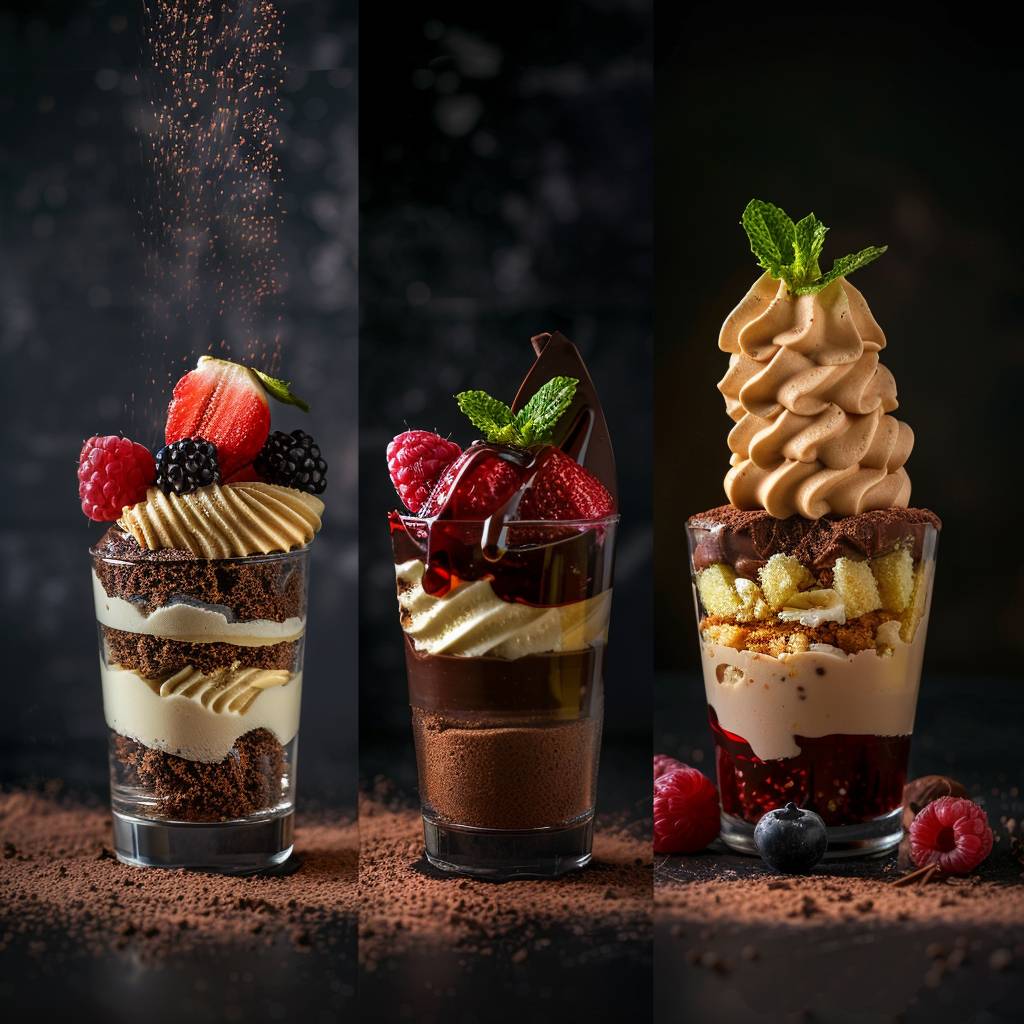 Four split panel photography of different desserts for a menu, food, dessert, healthy eating and diet concept, food photography, cinematic, realistic, studio lighting