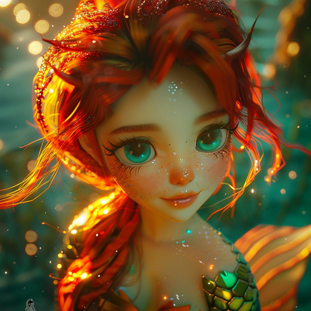 A cinematic still of a mermaid, 3D render neat and matte octane cartoon style, bright colors, soft shadows, and a warm atmosphere