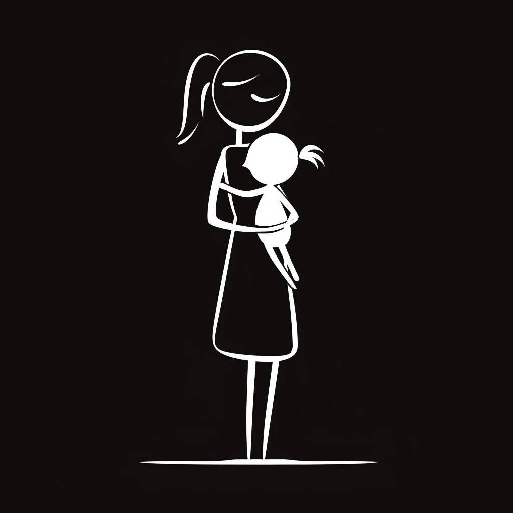 左側に立っている棒人間の母親が、赤ちゃんを腕に抱いているシンプルでミニマリストなイメージ。赤ちゃんも棒人間です。背景は黒で、両方の図は白で黒い輪郭が描かれています。母親はポニーテールで、ワンピースを着ています。清潔で、白い図と黒い背景のコントラストが高いスタイルです。