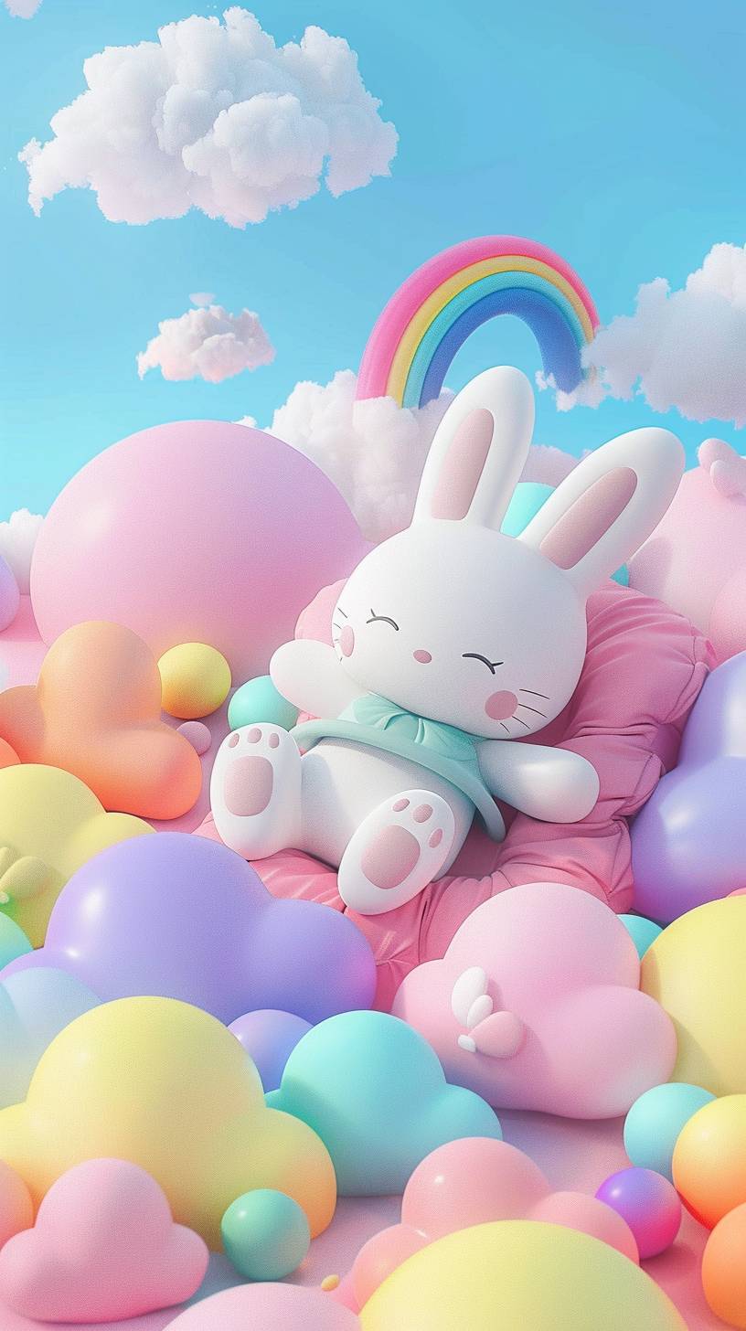 Rainbow clouds 3D render, OC render, cartoon, cute, pastel tones, colorful colors, Miffy bunny lying on rainbow clouds