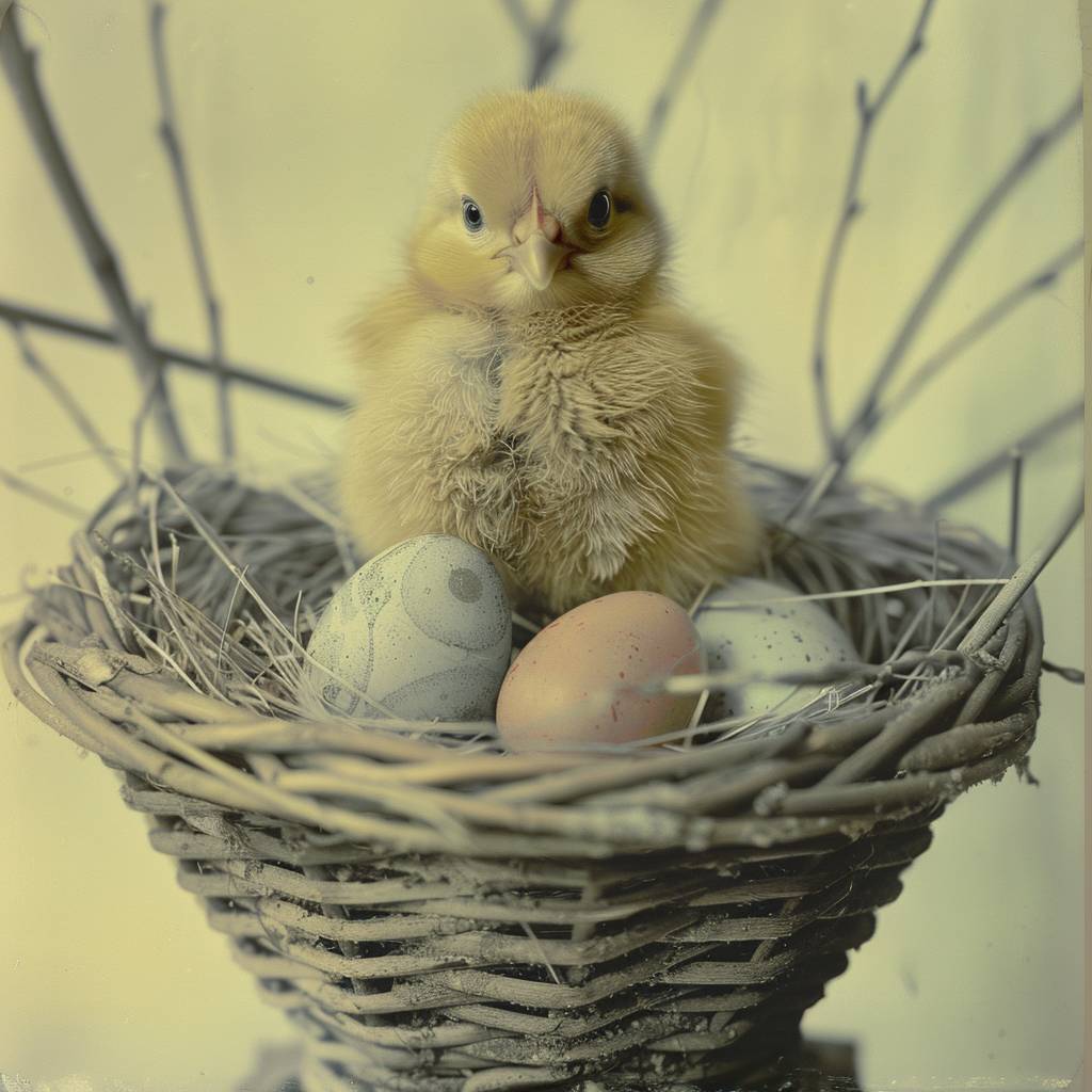 Hand-colored photograph of cute nestling in egg basket