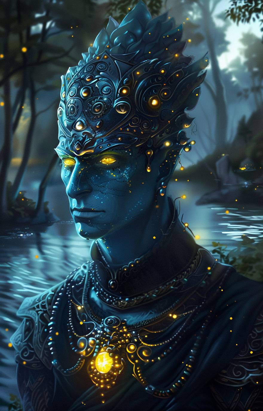宇宙を思わせるエレガントな頭飾りをした青い肌の人型、発光する目と胸から放たれる黄色いオーラ、細密なシルバージュエリーで装飾され、木々に囲まれています。背景は暗く、水面には光の反射があり、神秘的な雰囲気を醸し出しています。