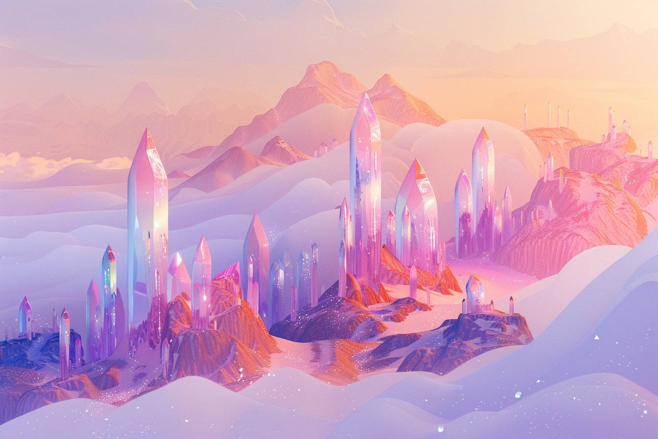 A fantastical, dreamlike landscape with a color shift from soft peach to lavender, featuring rolling hills and towering, crystal spires